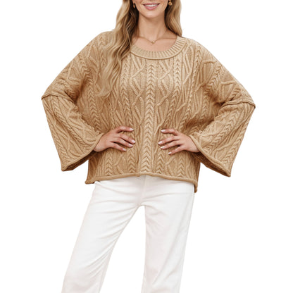 Anna-Kaci Women's Long Sleeve Cable Knit Pullover Sweater with Relaxed Fit and Wide Cuff Sleeves