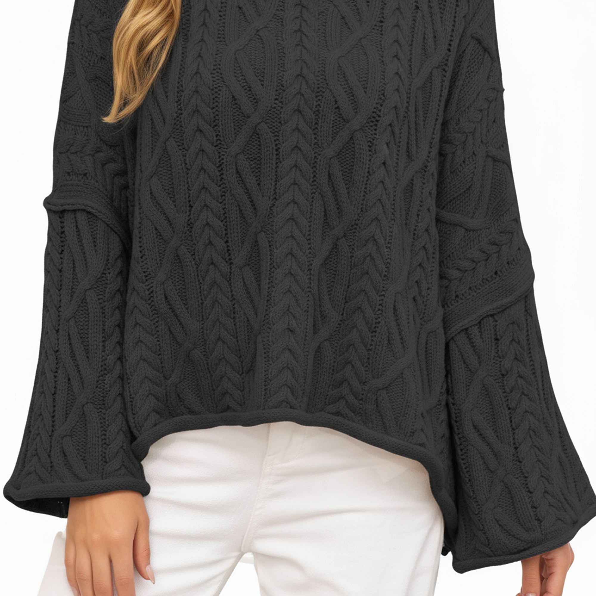 Anna-Kaci Women's Long Sleeve Cable Knit Pullover Sweater with Relaxed Fit and Wide Cuff Sleeves