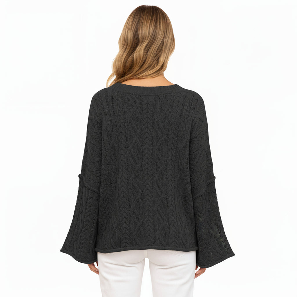 Anna-Kaci Women's Long Sleeve Cable Knit Pullover Sweater with Relaxed Fit and Wide Cuff Sleeves