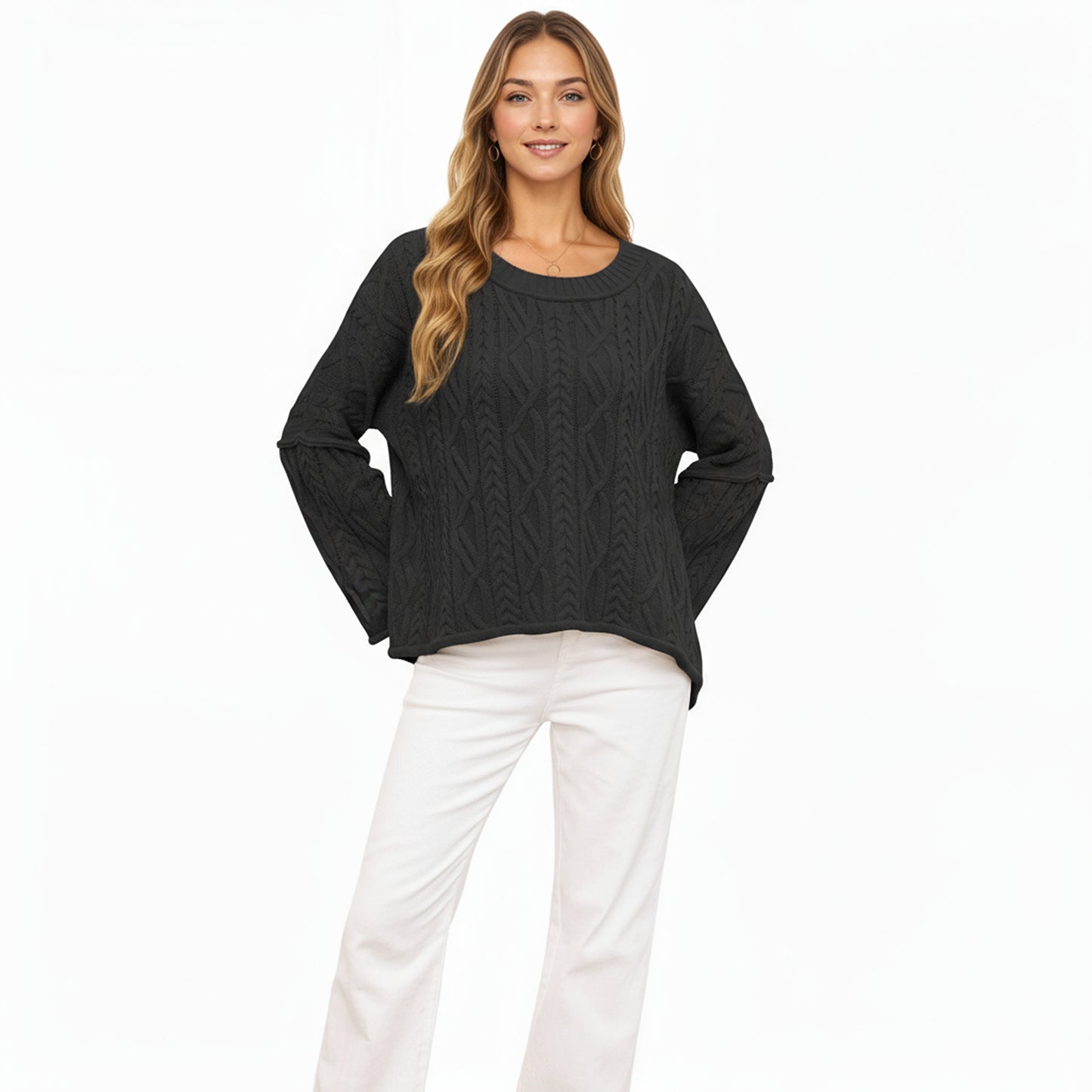 Anna-Kaci Women's Long Sleeve Cable Knit Pullover Sweater with Relaxed Fit and Wide Cuff Sleeves