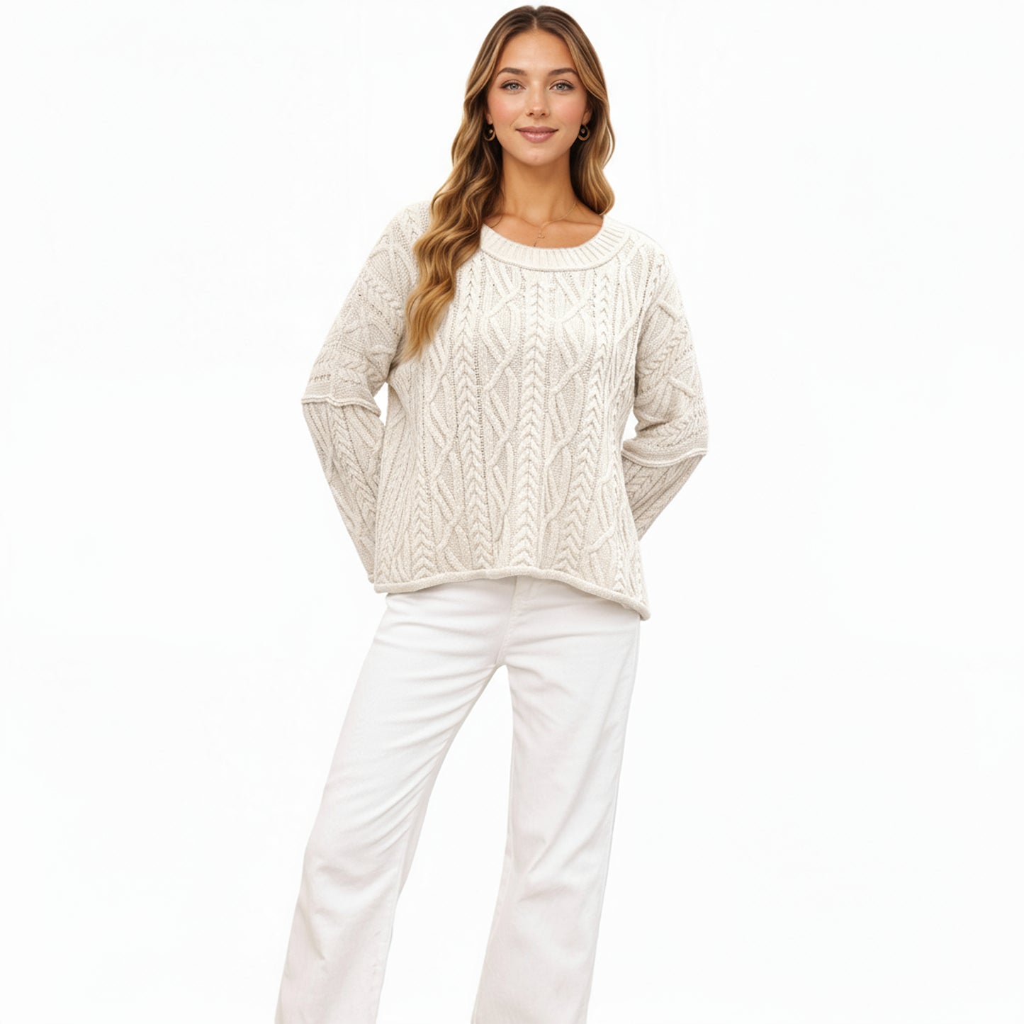 Anna-Kaci Women's Long Sleeve Cable Knit Pullover Sweater with Relaxed Fit and Wide Cuff Sleeves
