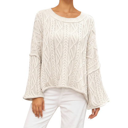 Anna-Kaci Women's Long Sleeve Cable Knit Pullover Sweater with Relaxed Fit and Wide Cuff Sleeves