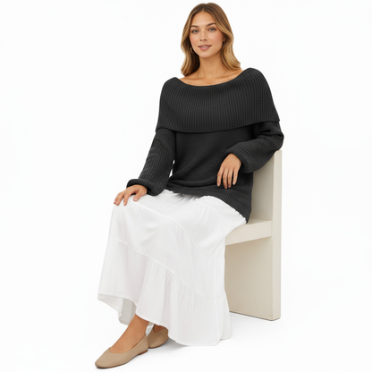 Anna-Kaci Women's Off Shoulder Long Sleeve Knit Pullover Sweater with Relaxed Fit