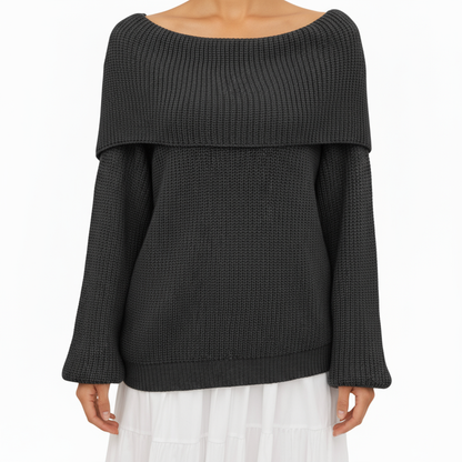 Anna-Kaci Women's Off Shoulder Long Sleeve Knit Pullover Sweater with Relaxed Fit