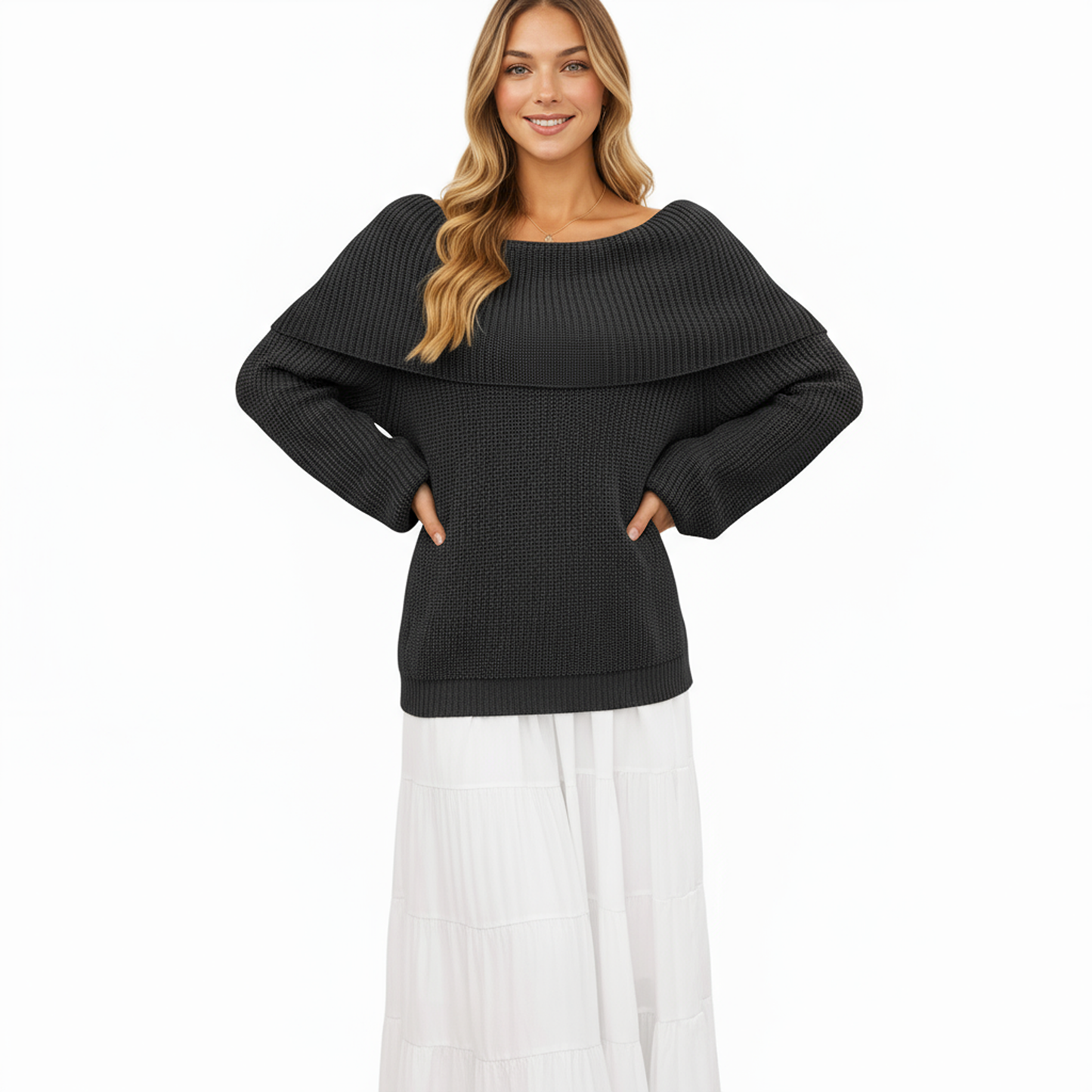 Anna-Kaci Women's Off Shoulder Long Sleeve Knit Pullover Sweater with Relaxed Fit