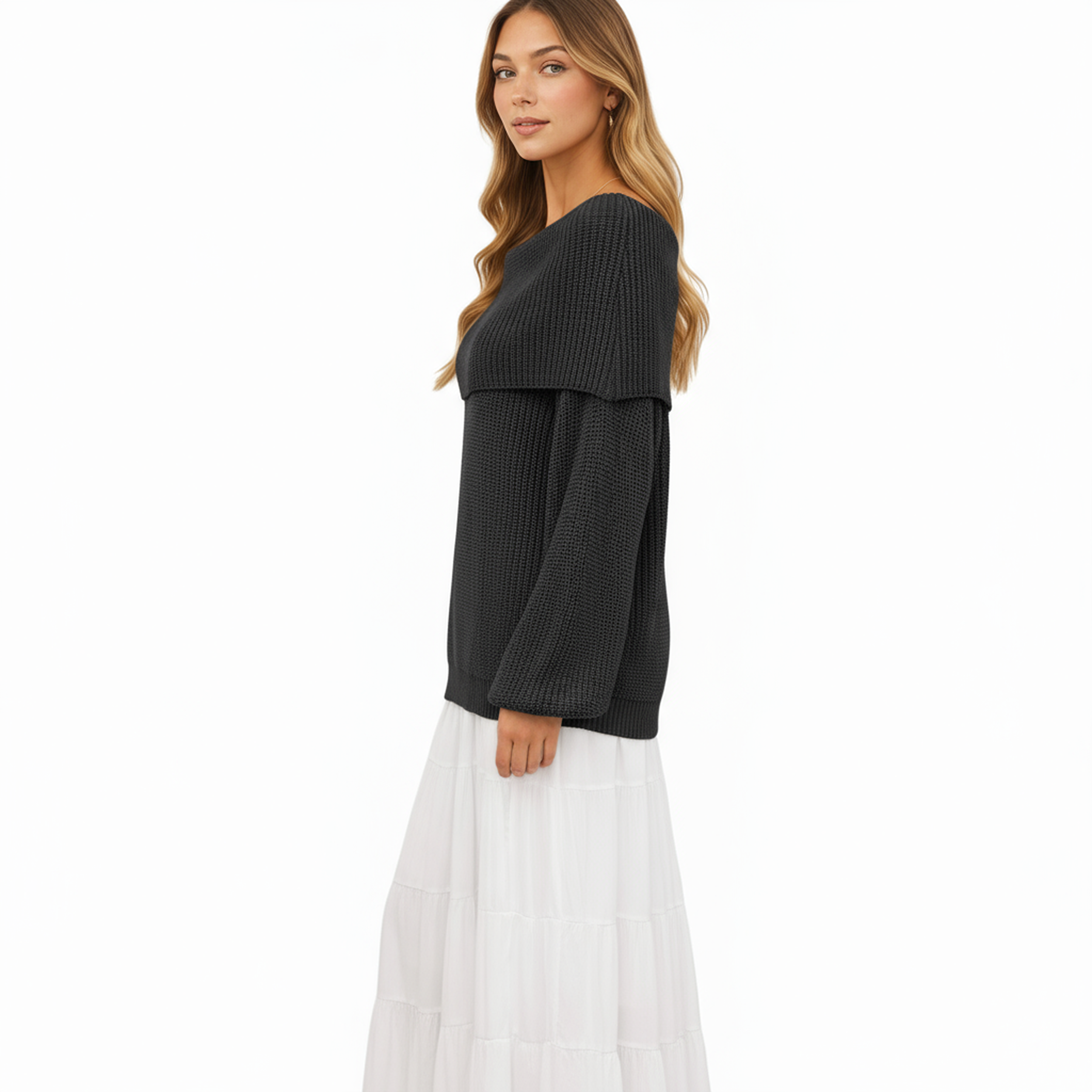 Anna-Kaci Women's Off Shoulder Long Sleeve Knit Pullover Sweater with Relaxed Fit