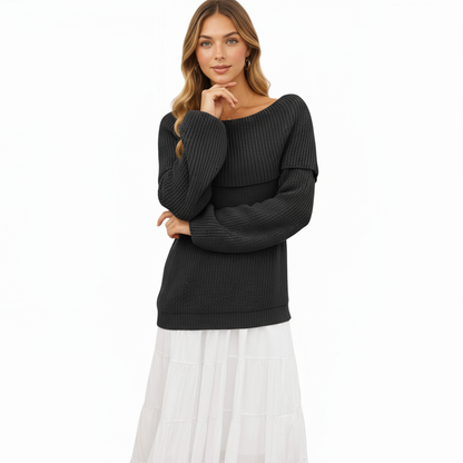 Anna-Kaci Women's Off Shoulder Long Sleeve Knit Pullover Sweater with Relaxed Fit
