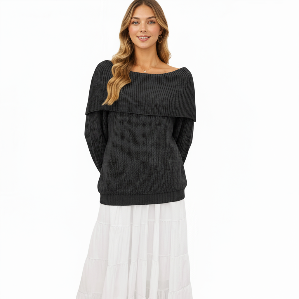 Anna-Kaci Women's Off Shoulder Long Sleeve Knit Pullover Sweater with Relaxed Fit