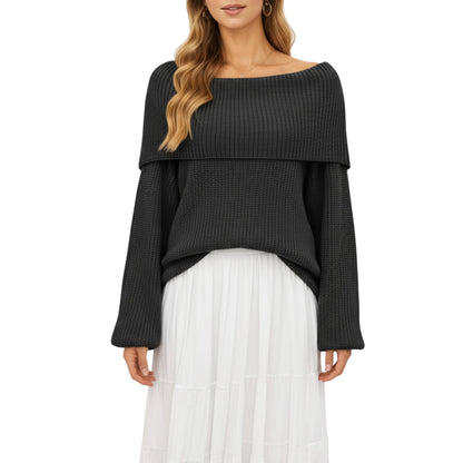 Anna-Kaci Women's Off Shoulder Long Sleeve Knit Pullover Sweater with Relaxed Fit
