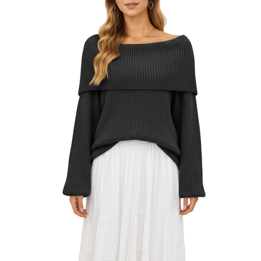 Anna-Kaci Women's Off Shoulder Long Sleeve Knit Pullover Sweater with Relaxed Fit