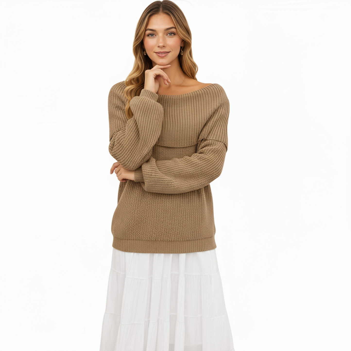Anna-Kaci Women's Off Shoulder Long Sleeve Knit Pullover Sweater with Relaxed Fit