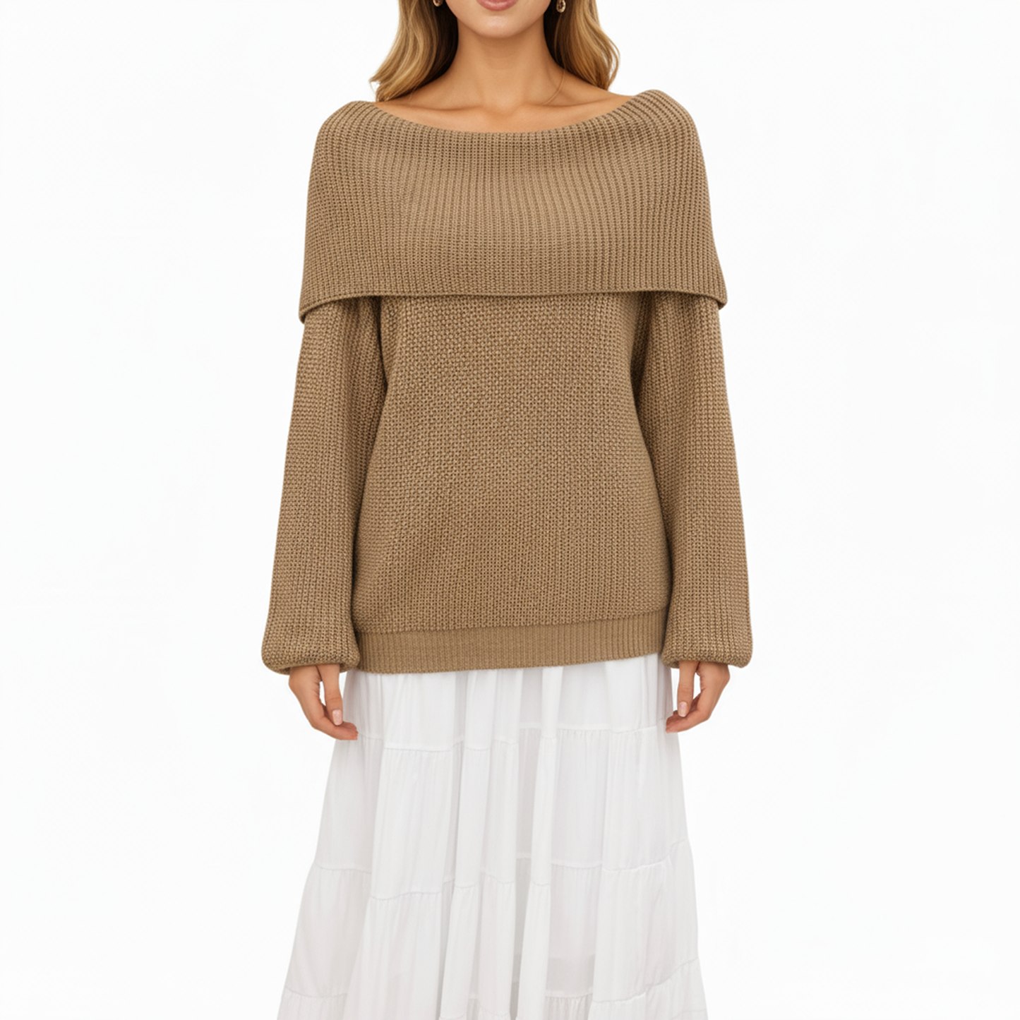 Anna-Kaci Women's Off Shoulder Long Sleeve Knit Pullover Sweater with Relaxed Fit