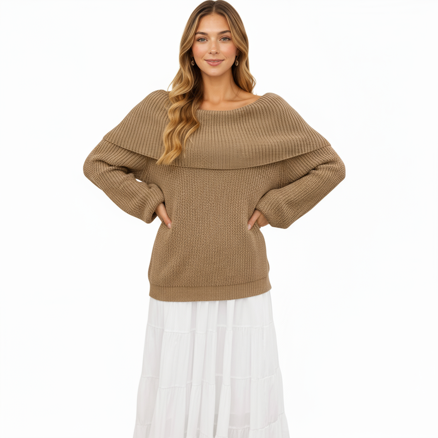 Anna-Kaci Women's Off Shoulder Long Sleeve Knit Pullover Sweater with Relaxed Fit