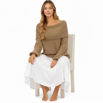 Anna-Kaci Women's Off Shoulder Long Sleeve Knit Pullover Sweater with Relaxed Fit