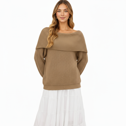 Anna-Kaci Women's Off Shoulder Long Sleeve Knit Pullover Sweater with Relaxed Fit