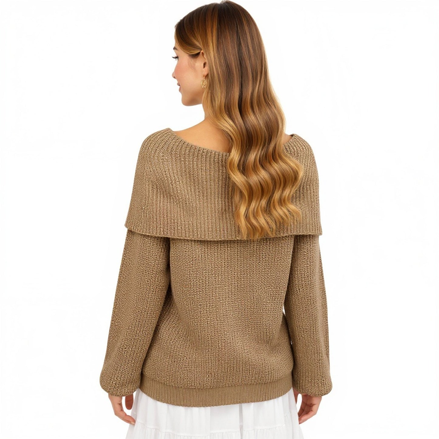 Anna-Kaci Women's Off Shoulder Long Sleeve Knit Pullover Sweater with Relaxed Fit