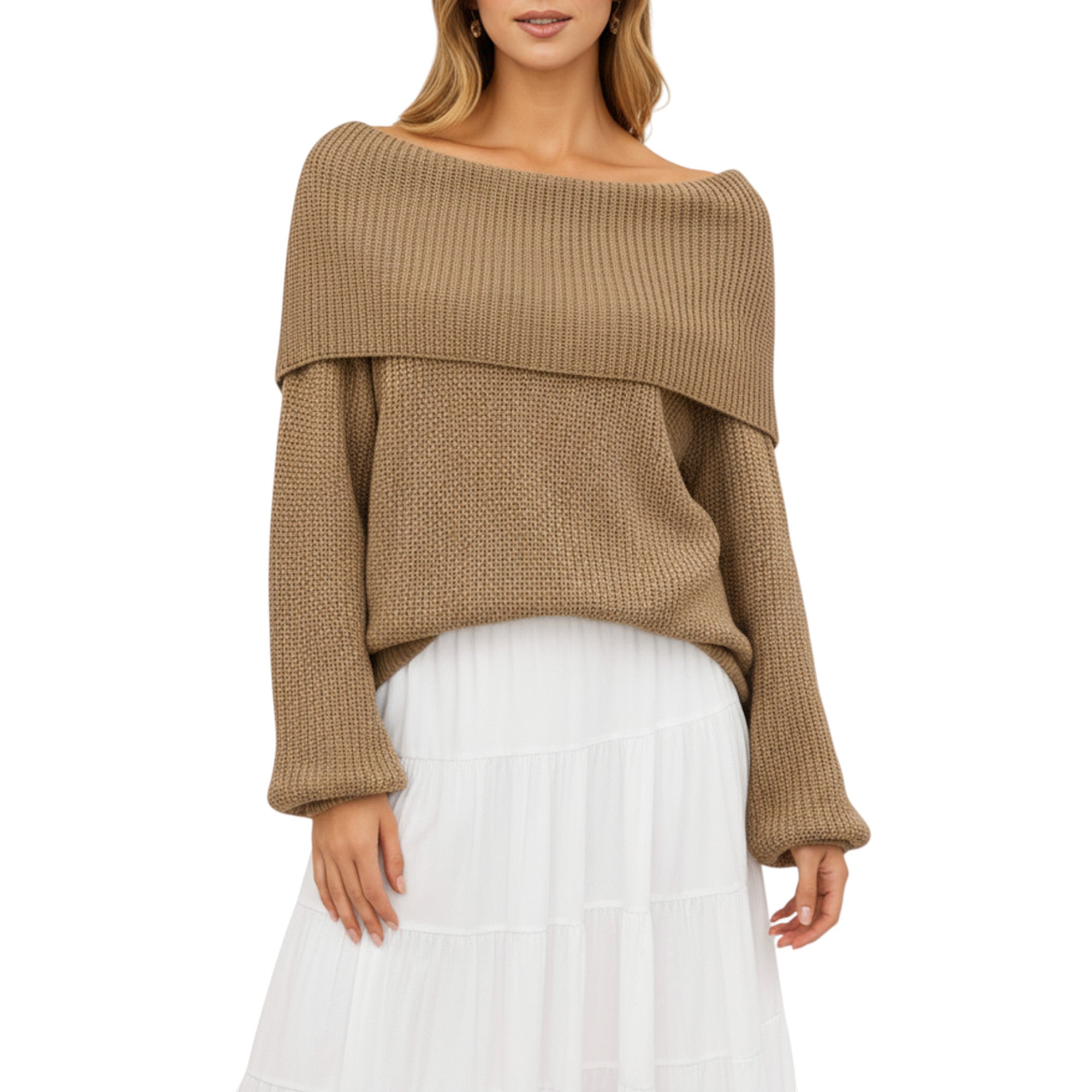 Anna-Kaci Women's Off Shoulder Long Sleeve Knit Pullover Sweater with Relaxed Fit