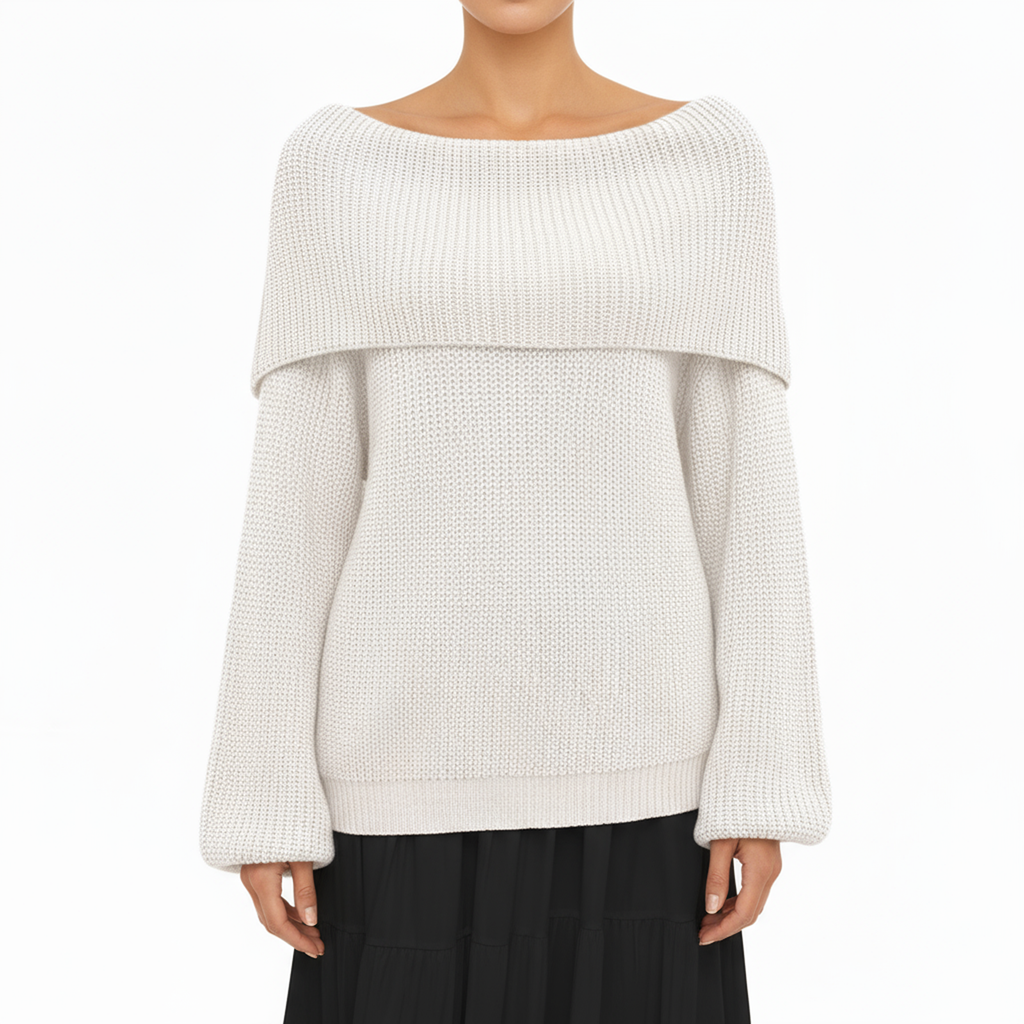 Anna-Kaci Women's Off Shoulder Long Sleeve Knit Pullover Sweater with Relaxed Fit