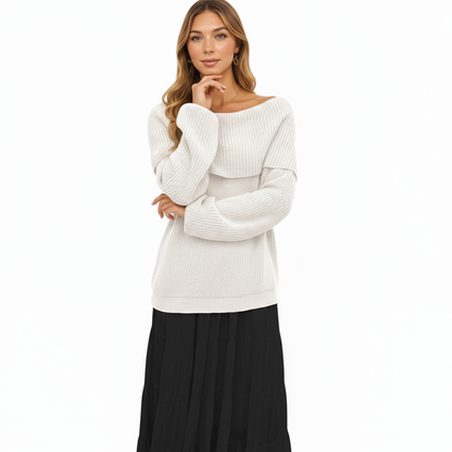 Anna-Kaci Women's Off Shoulder Long Sleeve Knit Pullover Sweater with Relaxed Fit
