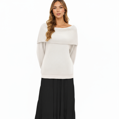 Anna-Kaci Women's Off Shoulder Long Sleeve Knit Pullover Sweater with Relaxed Fit