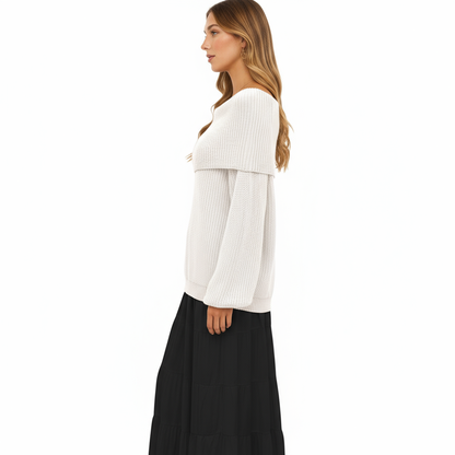 Anna-Kaci Women's Off Shoulder Long Sleeve Knit Pullover Sweater with Relaxed Fit