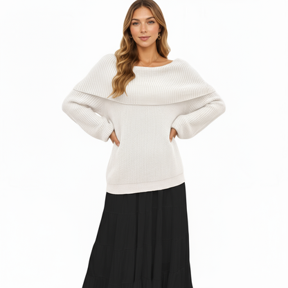 Anna-Kaci Women's Off Shoulder Long Sleeve Knit Pullover Sweater with Relaxed Fit