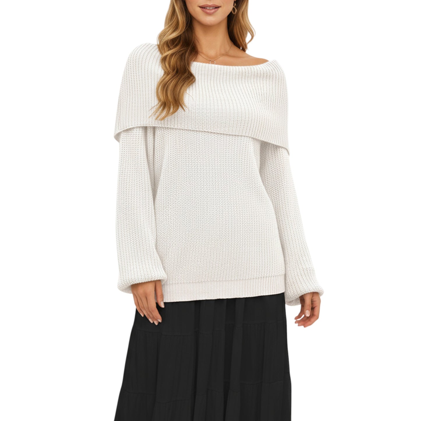 Anna-Kaci Women's Off Shoulder Long Sleeve Knit Pullover Sweater with Relaxed Fit