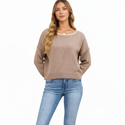 Anna-Kaci Women's Long Sleeve Crew Neck Knit Pullover Sweater with Contrast Trim