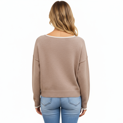 Anna-Kaci Women's Long Sleeve Crew Neck Knit Pullover Sweater with Contrast Trim