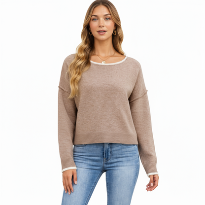 Anna-Kaci Women's Long Sleeve Crew Neck Knit Pullover Sweater with Contrast Trim