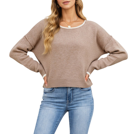 Anna-Kaci Women's Long Sleeve Crew Neck Knit Pullover Sweater with Contrast Trim