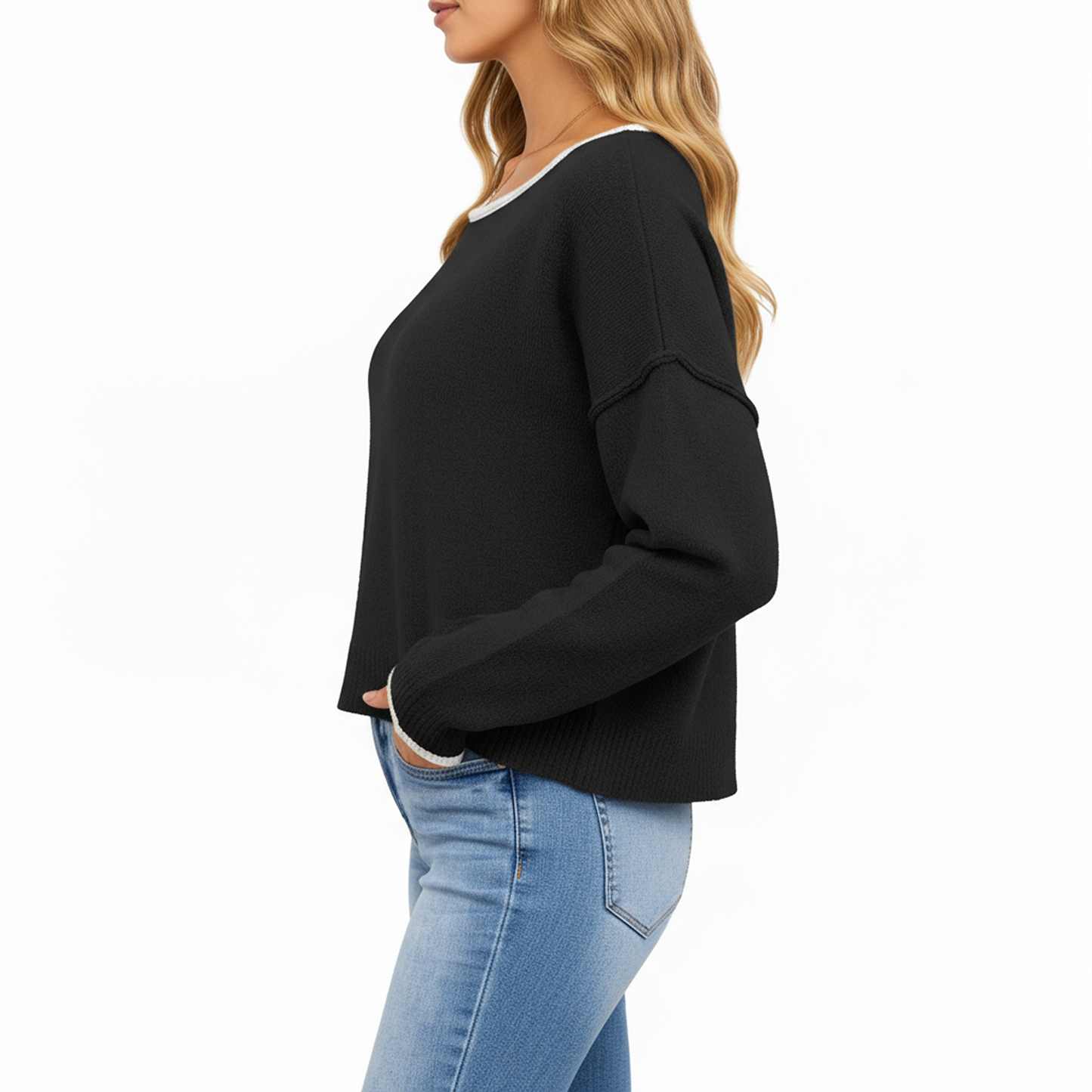 Anna-Kaci Women's Long Sleeve Crew Neck Knit Pullover Sweater with Contrast Trim