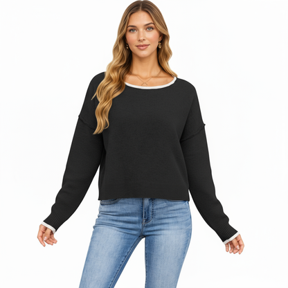 Anna-Kaci Women's Long Sleeve Crew Neck Knit Pullover Sweater with Contrast Trim