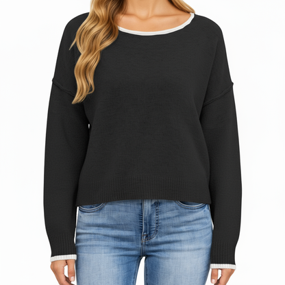 Anna-Kaci Women's Long Sleeve Crew Neck Knit Pullover Sweater with Contrast Trim