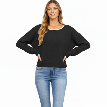 Anna-Kaci Women's Long Sleeve Crew Neck Knit Pullover Sweater with Contrast Trim