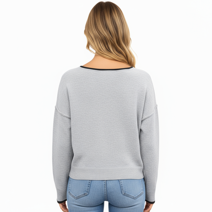 Anna-Kaci Women's Long Sleeve Crew Neck Knit Pullover Sweater with Contrast Trim