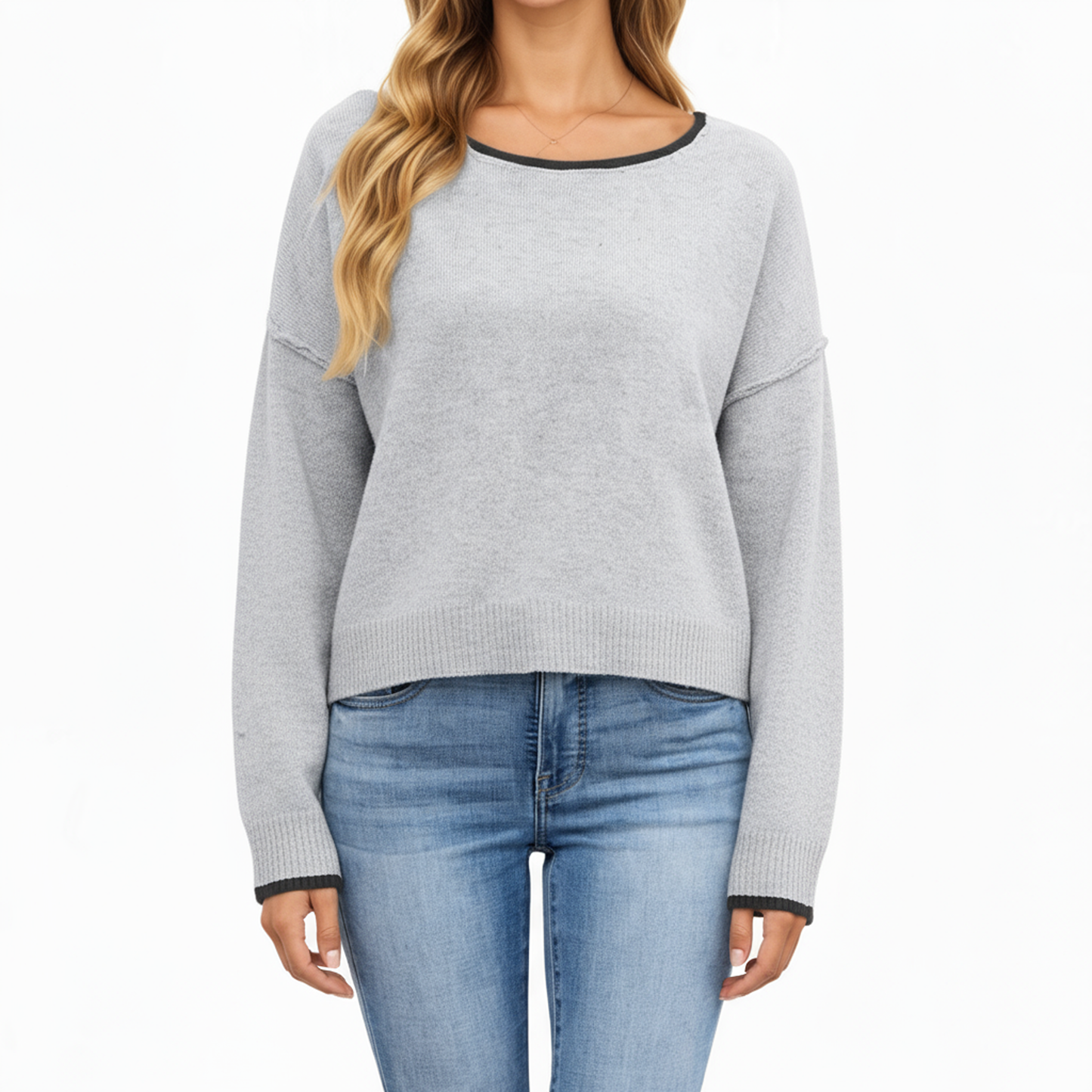 Anna-Kaci Women's Long Sleeve Crew Neck Knit Pullover Sweater with Contrast Trim