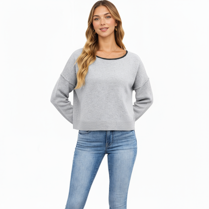 Anna-Kaci Women's Long Sleeve Crew Neck Knit Pullover Sweater with Contrast Trim