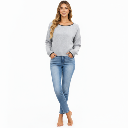 Anna-Kaci Women's Long Sleeve Crew Neck Knit Pullover Sweater with Contrast Trim