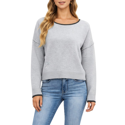 Anna-Kaci Women's Long Sleeve Crew Neck Knit Pullover Sweater with Contrast Trim