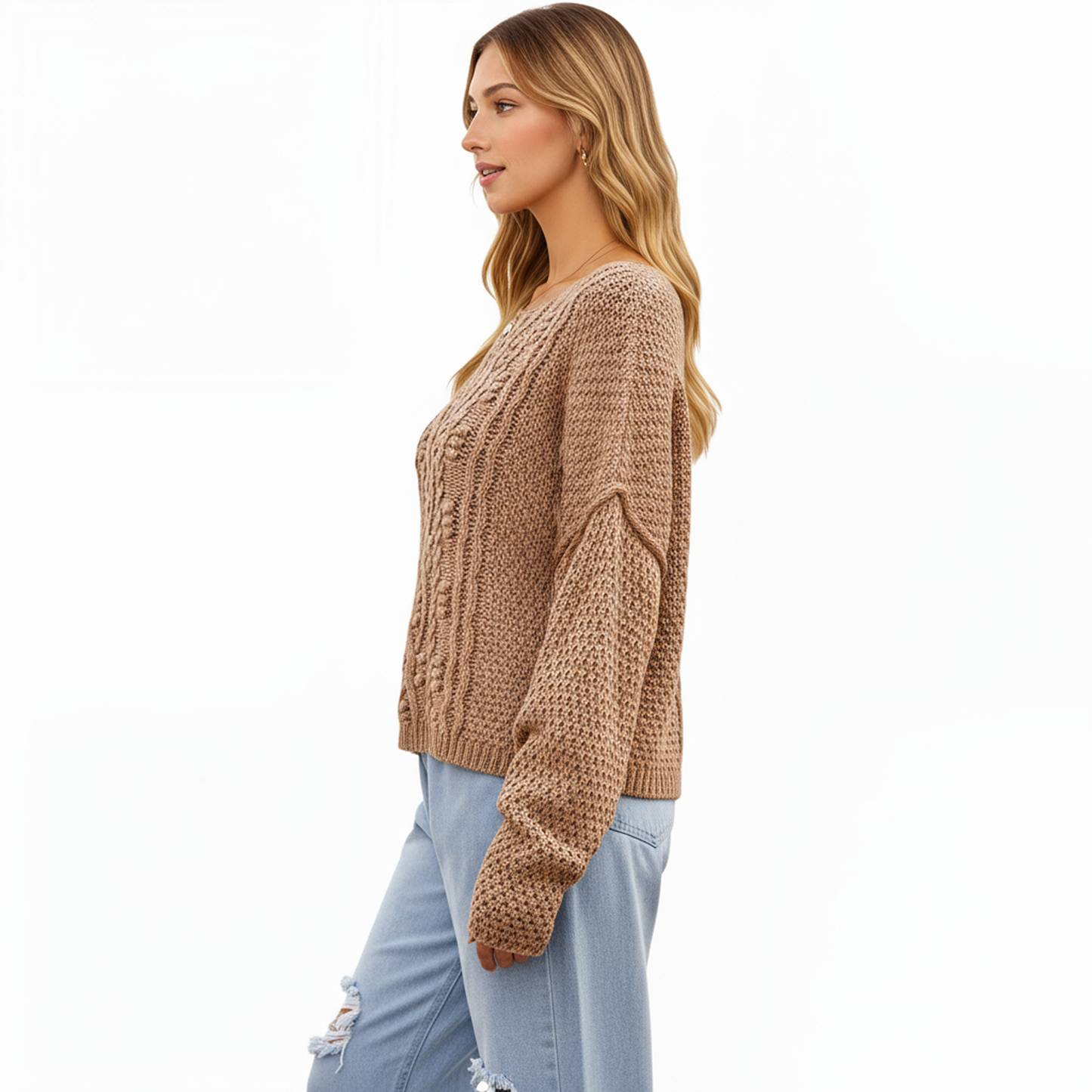 Anna-Kaci Women's Long Sleeve Cable Knit Pullover Sweater with Textured Pattern