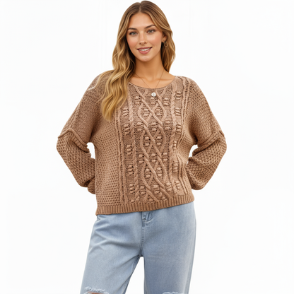 Anna-Kaci Women's Long Sleeve Cable Knit Pullover Sweater with Textured Pattern