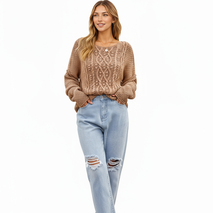 Anna-Kaci Women's Long Sleeve Cable Knit Pullover Sweater with Textured Pattern