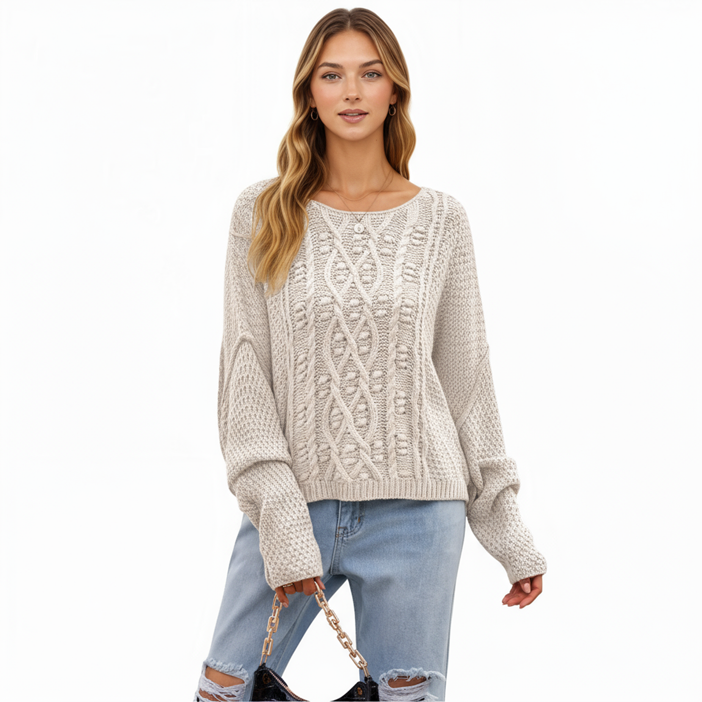 Anna-Kaci Women's Long Sleeve Cable Knit Pullover Sweater with Textured Pattern