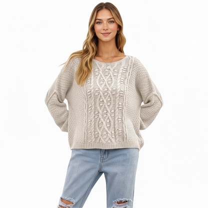 Anna-Kaci Women's Long Sleeve Cable Knit Pullover Sweater with Textured Pattern