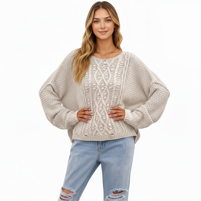 Anna-Kaci Women's Long Sleeve Cable Knit Pullover Sweater with Textured Pattern