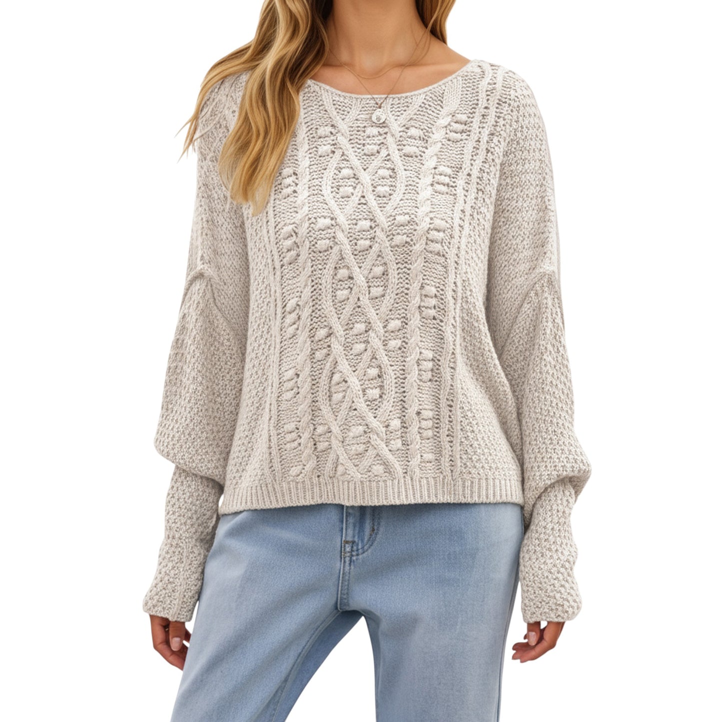 Anna-Kaci Women's Long Sleeve Cable Knit Pullover Sweater with Textured Pattern