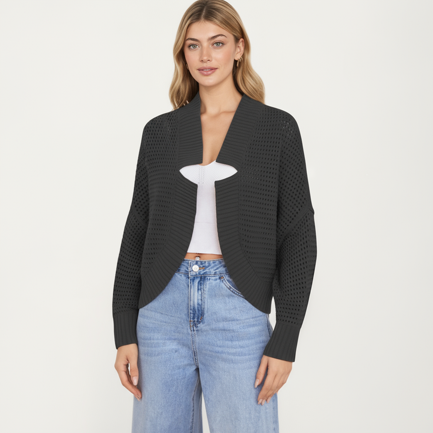 Anna-Kaci Women's Open Front Long Sleeve Knit Cardigan with Textured Hollow-Out Design