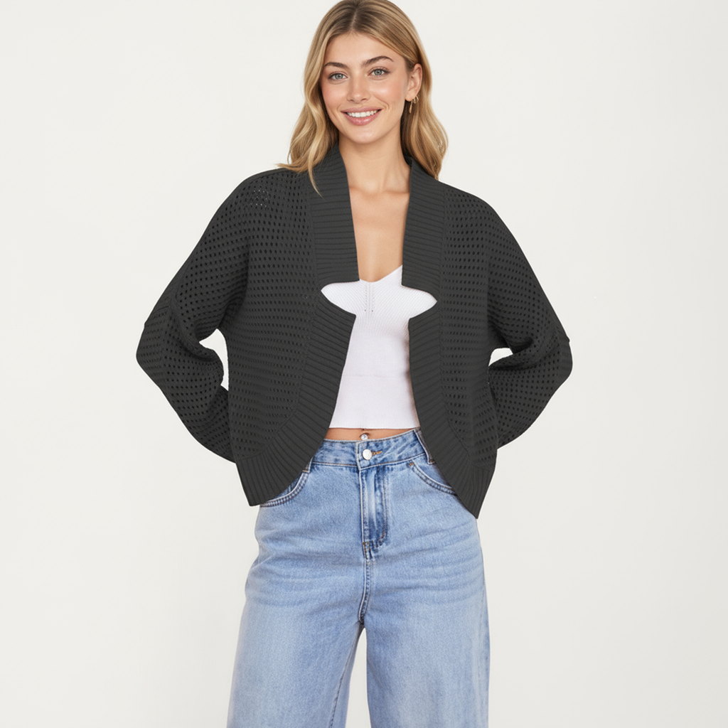 Anna-Kaci Women's Open Front Long Sleeve Knit Cardigan with Textured Hollow-Out Design