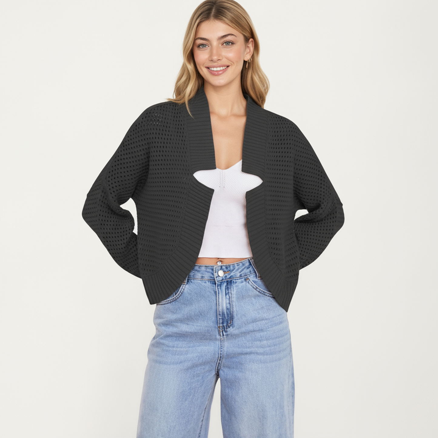 Anna-Kaci Women's Open Front Long Sleeve Knit Cardigan with Textured Hollow-Out Design